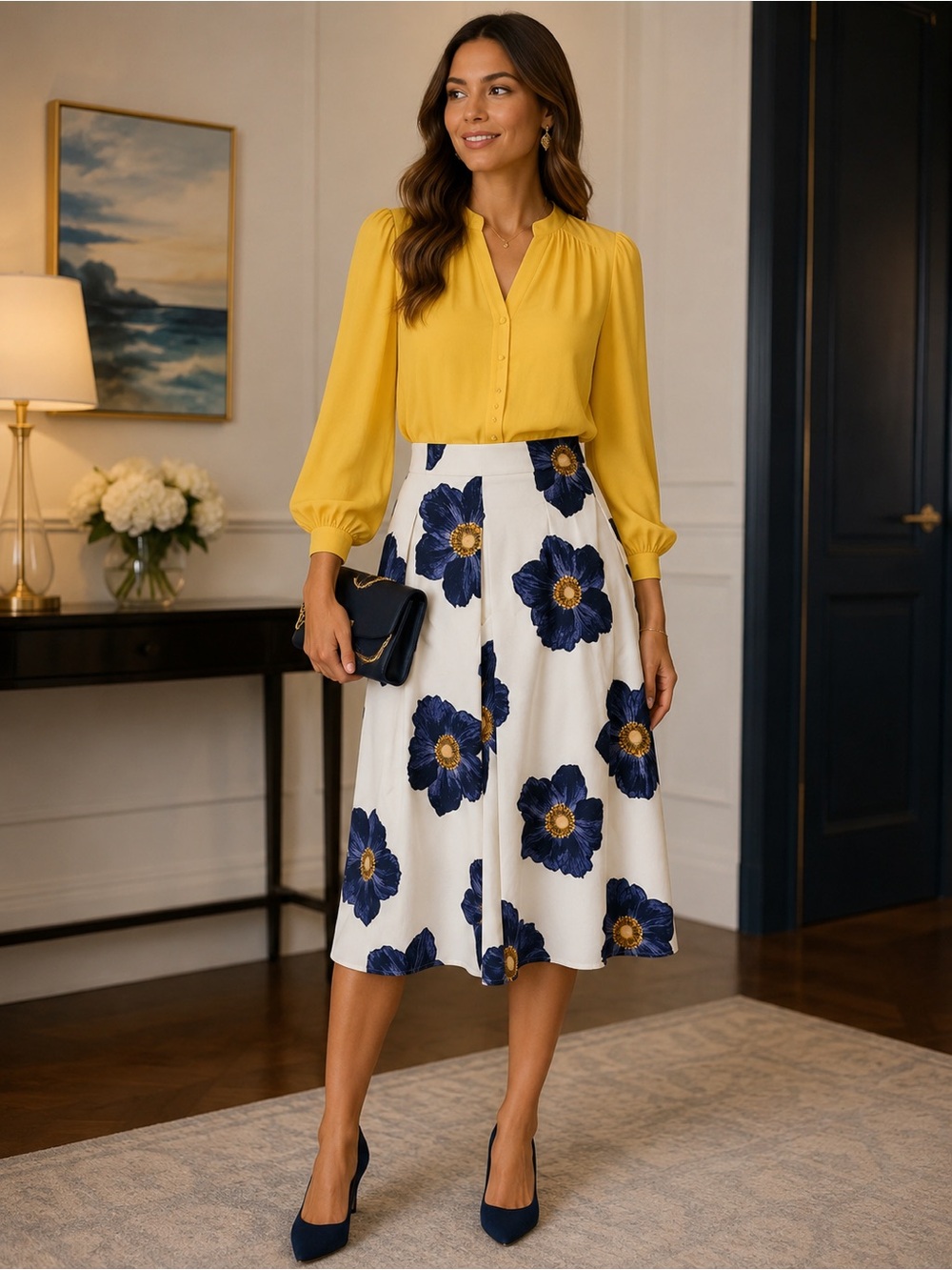 J.O.A. White Midi Skirt with Navy Blue Floral Print